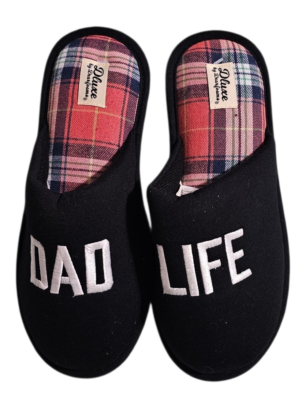 dearfoams Black 'DAD LIFE' Men’s Slip-On Slippers with Plaid Insole
